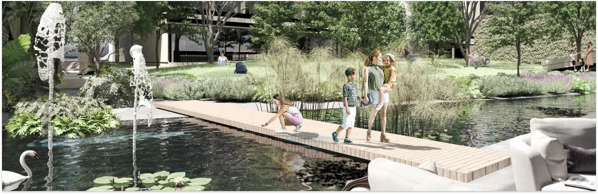 personas paseando sobre un puente que está en un lago y mucha vegetación dentro del fraccionamiento